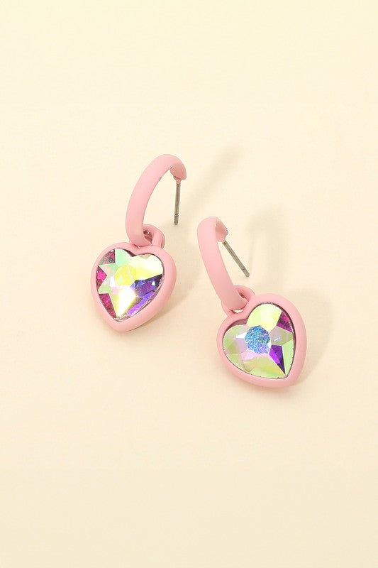Heart Stone Charm Drop Hoop Earrings