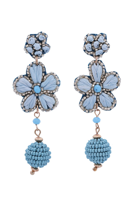 Raffia Flower Beaded Ball Drop Earrings