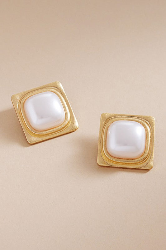 Square Metal Frame Pearl Earrings