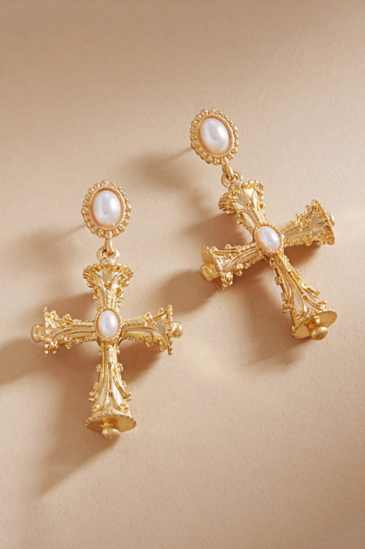 Pearl Pointed Textured Metal Cross Dangle Earrings