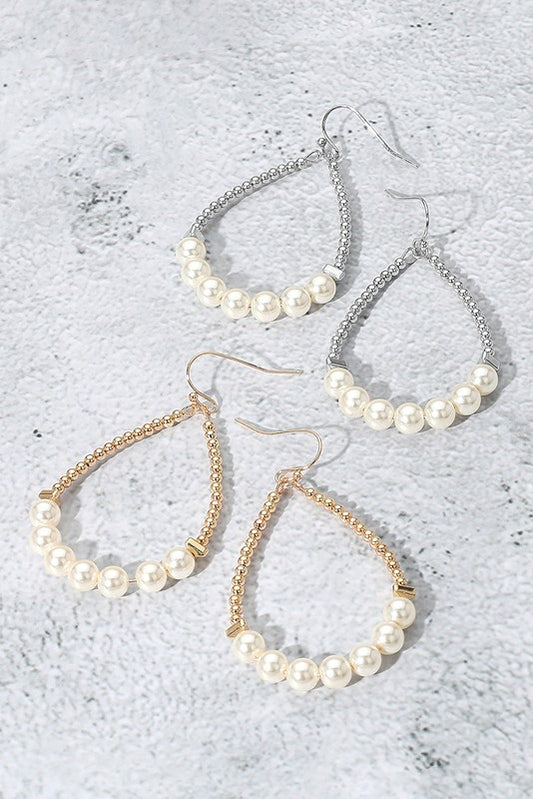 Pearl Metal Ball Beaded Teardrop Dangle Earrings