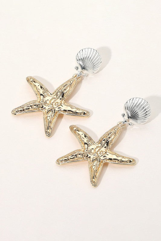 Two Tone Sea Shell Metal Starfish Dangle Earrings