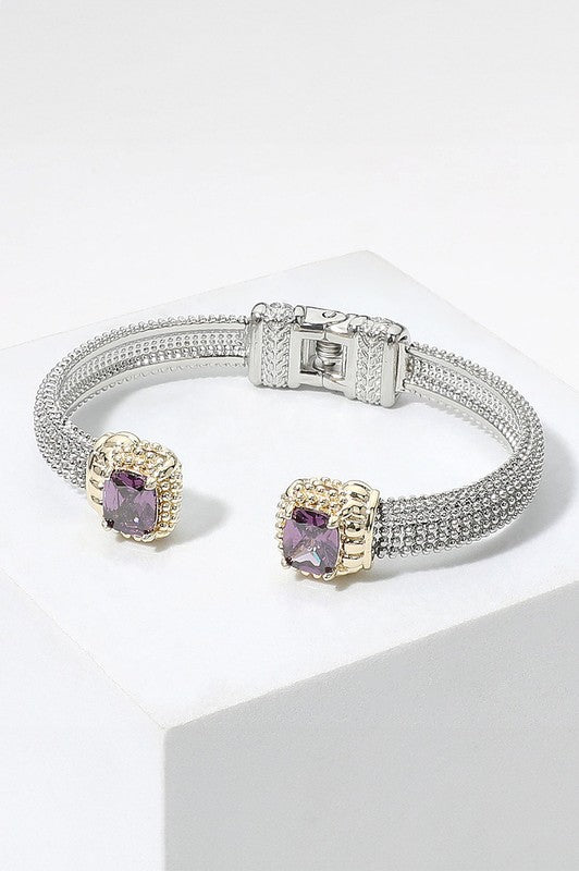 Rectangle Cz Stone Tip Hinged Cuff Bracelet