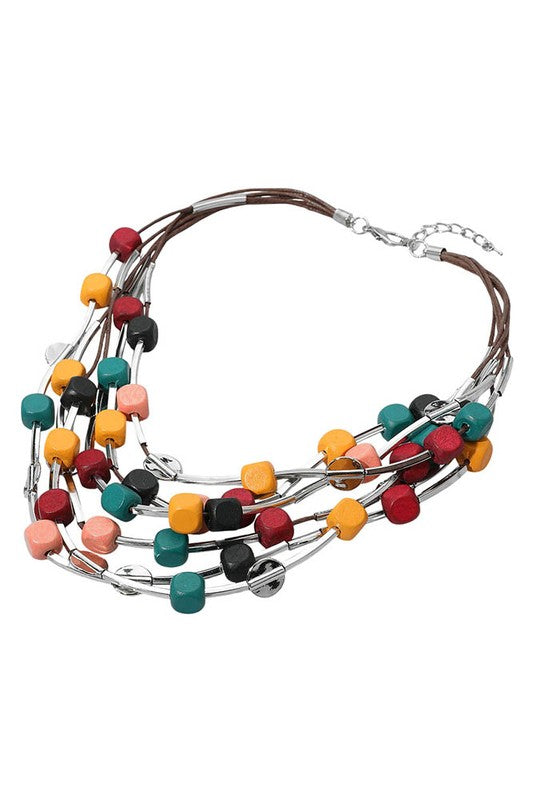 Wooden Cube Beaded Layered Statement Necklace