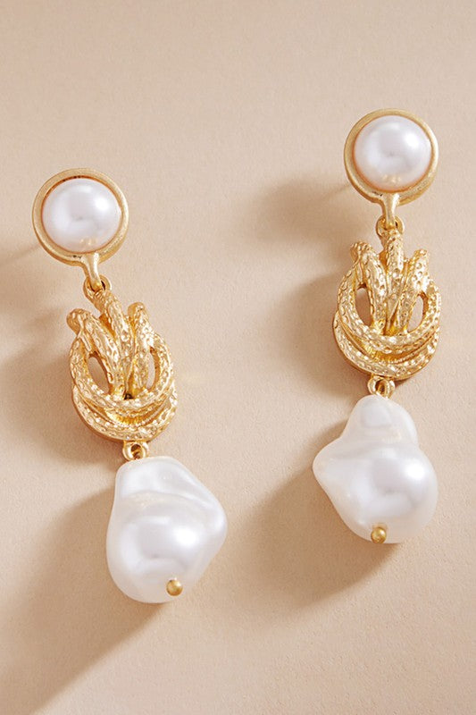 Metal Knot Pointed Pearl Link Drop Earrings