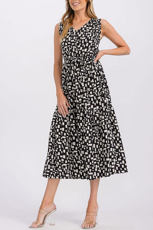 Geo Print V Neck Tiered Layered Midi Dress