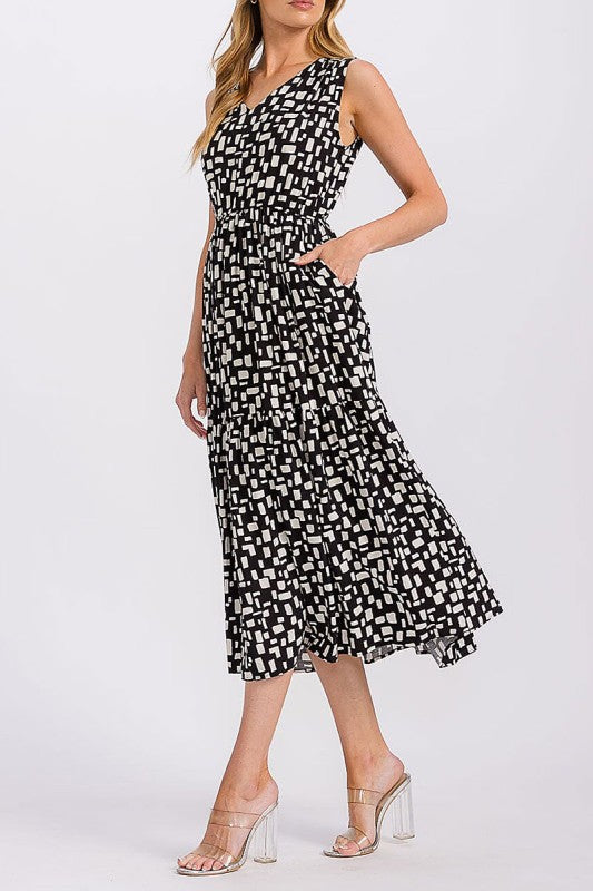 Geo Print V Neck Tiered Layered Midi Dress
