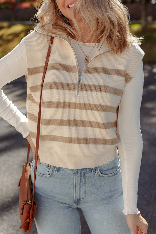 Stripe Ribbed Half Zip Collared Sweater Vest