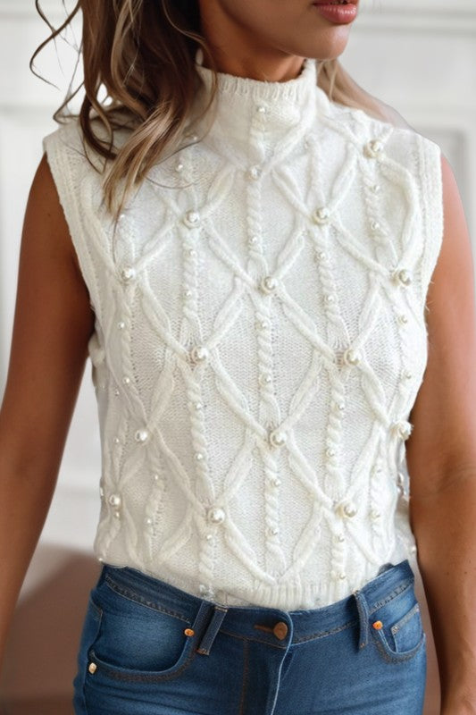 Pearl High Neck Textured Knit Sweater Vest