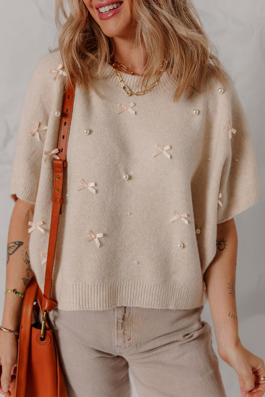 Pearl Bow Embellished Dolman Short Sleeve Sweater