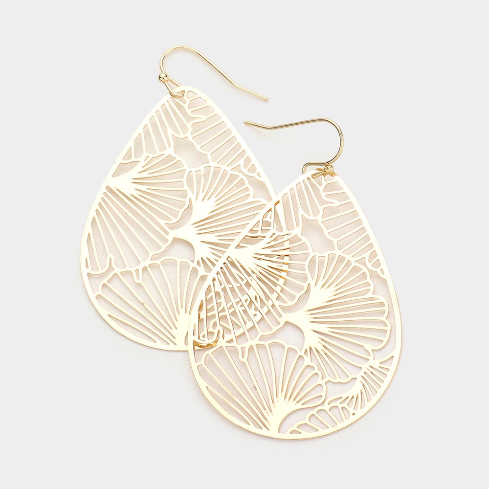 Metal Gingko Leaves Filigree Teardrop Dangle Earrings