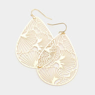 Metal Gingko Leaves Filigree Teardrop Dangle Earrings