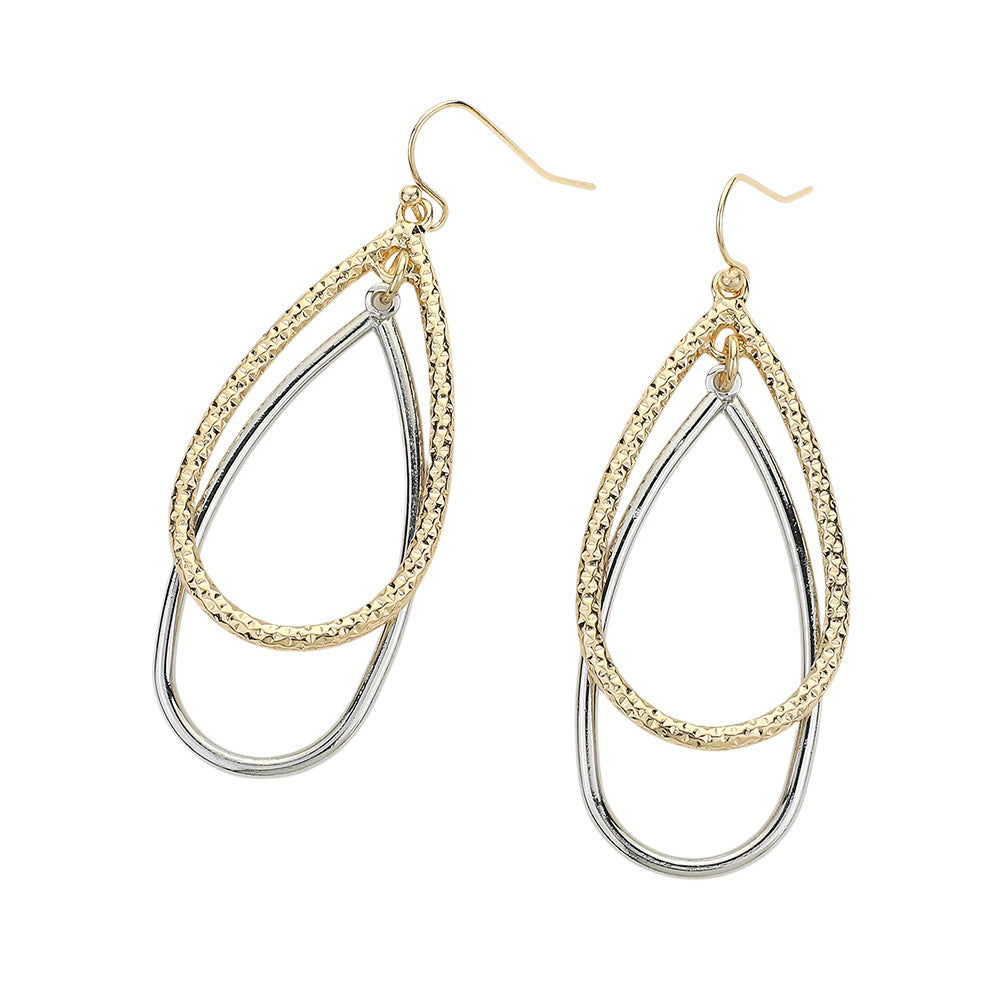 Textured Metal Double Teardrop Dangle Earrings