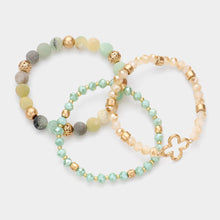 Load image into Gallery viewer, 3PCS - Open Metal Quatrefoil Accented Natural Stone Faceted Beaded Stretch Bracelets
