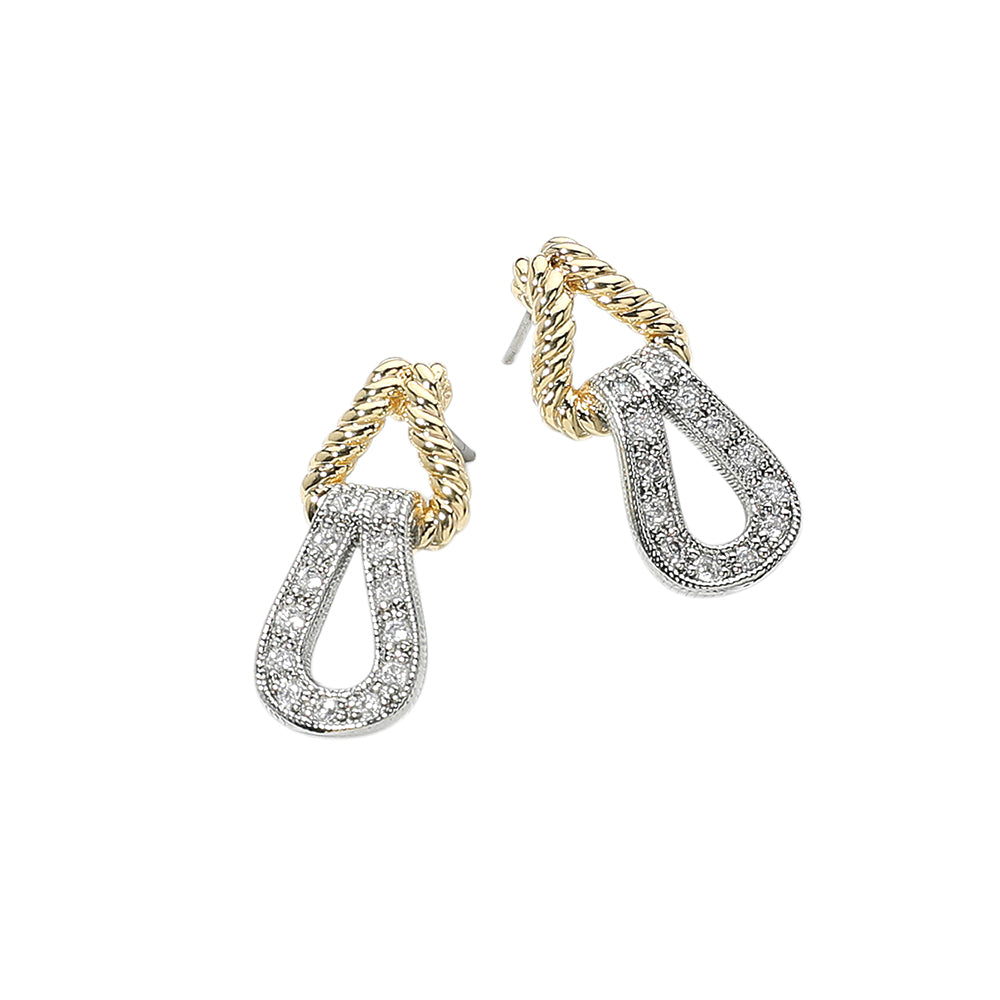 14K Gold Plated Two Tone CZ Stone Paved Mini Doorknocker Earrings