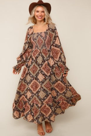 Bohemian Patchwork Print Maxi Woven Dress